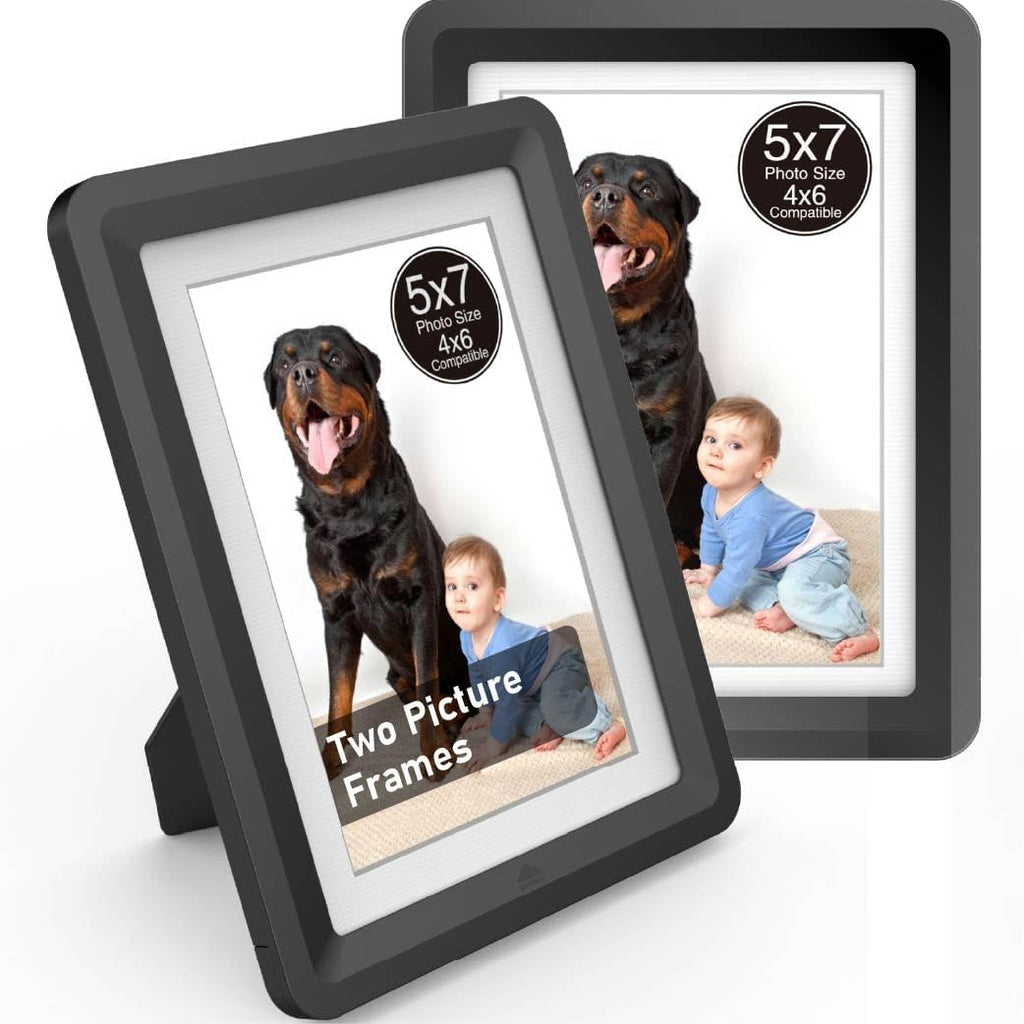 Black 5x7 Picture Frame with Acrylic Front 2 Pack, ABS Frame for 5x7 or 4x7 Photos, Shatterproof UV-Resistant Tabletop Photo Frame, Vertical/Horizontal Display for Home Décor