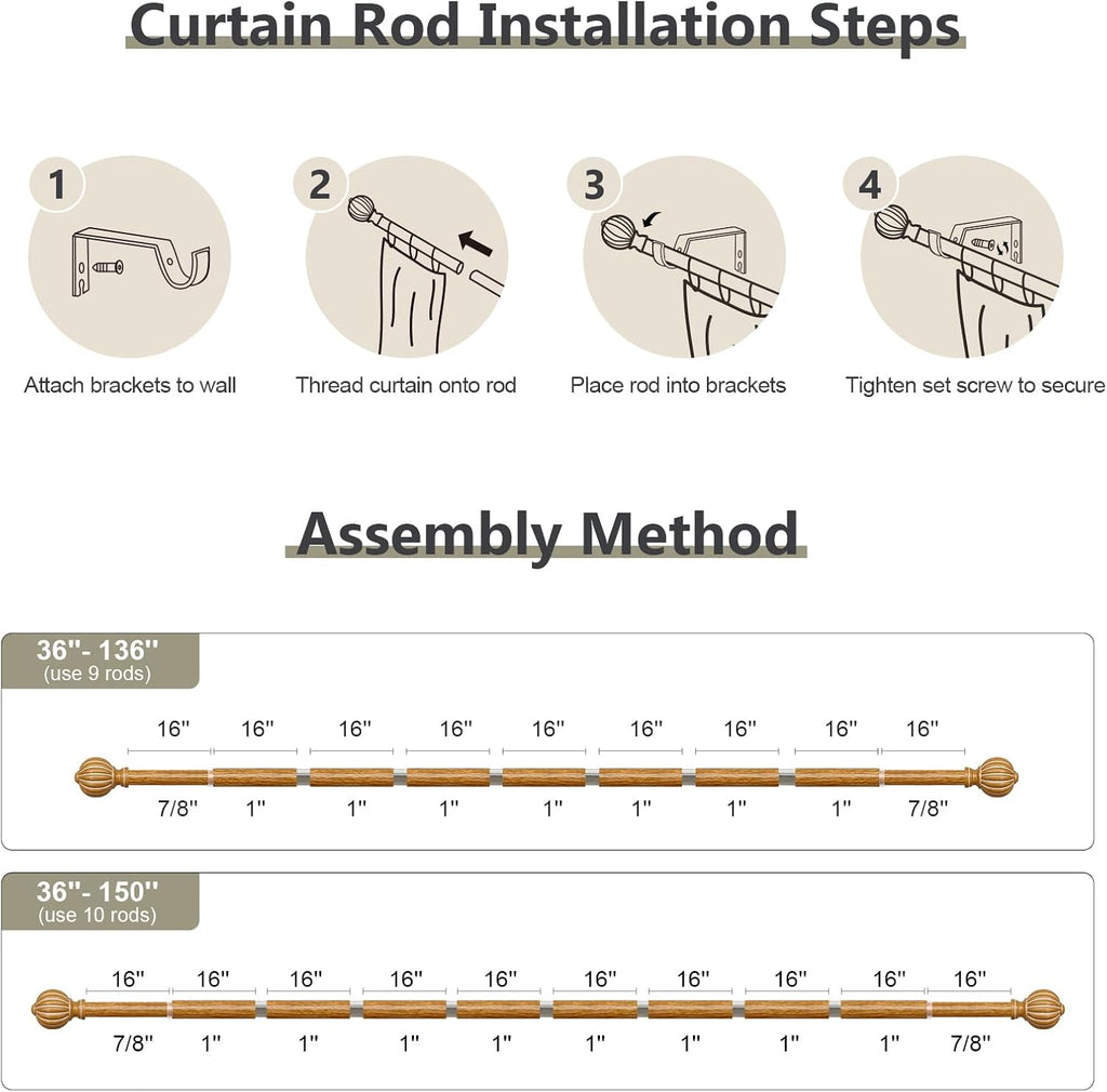 Wood Curtain Rods for Windows 72 to 144 Inch, 1'' Adjustable Heavy Duty Curtain Rod，Vintage Imitation Wood Grain Decorative Drapery Rods with Pumpkin Finials for Bedroom Living Room