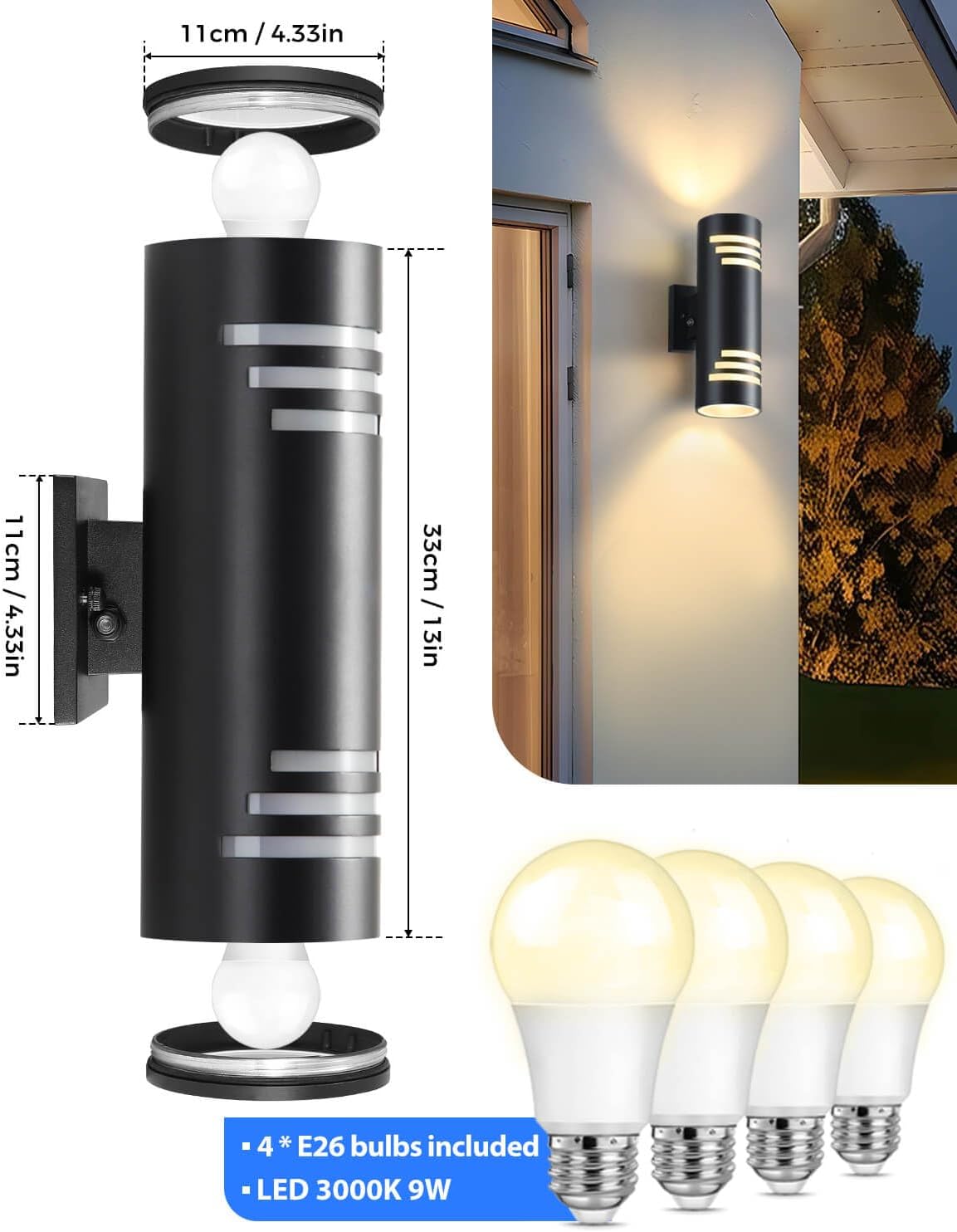 Dusk to Dawn Outdoor Lighting 2 Pack, Modern Outdoor Wall Lights Black Exterior Lighting Fixtures with E26 Base, Cylinder Sconce Waterproof Outdside Lights for House Porch, Bulbs Include