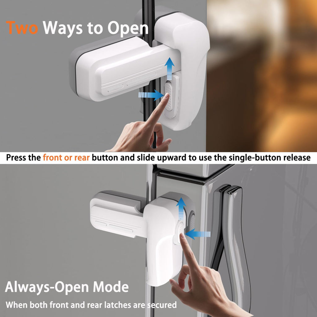 2 Pack Upgrade Child Proof Refrigerator Lock with Two Ways to Open, Home Fridge Freezer Door Lock Latch Catch to Keep Door Closed, no Tools Need or Drill (White)
