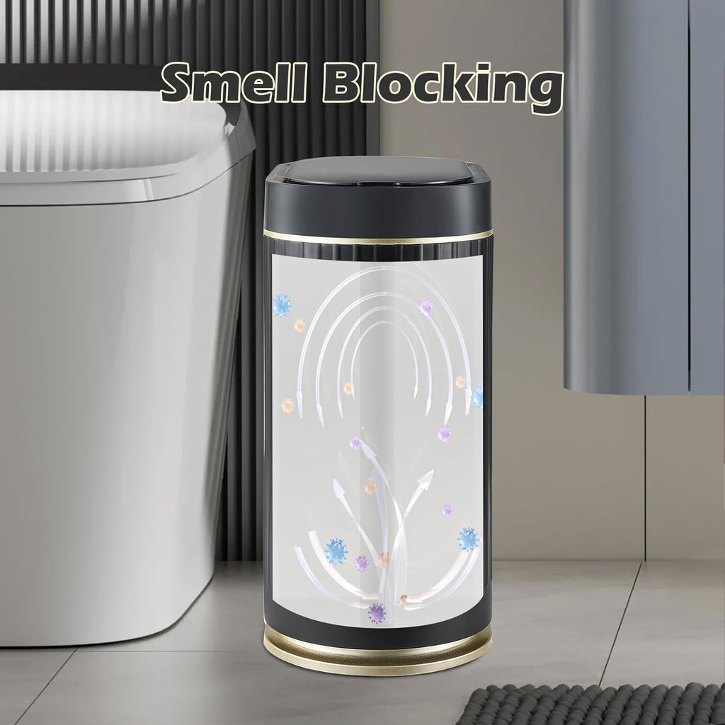 ELPHECO Bathroom Trash Can with Lid 2 Gallon Motion Sensor Garbage Can 7.5 Liter Small Trash can Touchless Bathroom Decor Waterproof Smart Waste Bin with Stripes for Bedroom, Office (Black-Golden)