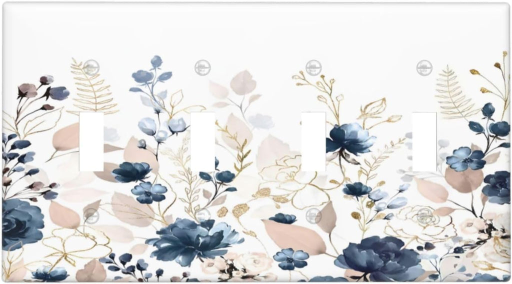 Blue Flora Boho Vintage Flower Golden Leaves Light Switch Covers Quad Toggle Electrical Faceplate 4 Gang Wall Plate Decorative Switch Plates Cover for Bedroom Living Room Decor
