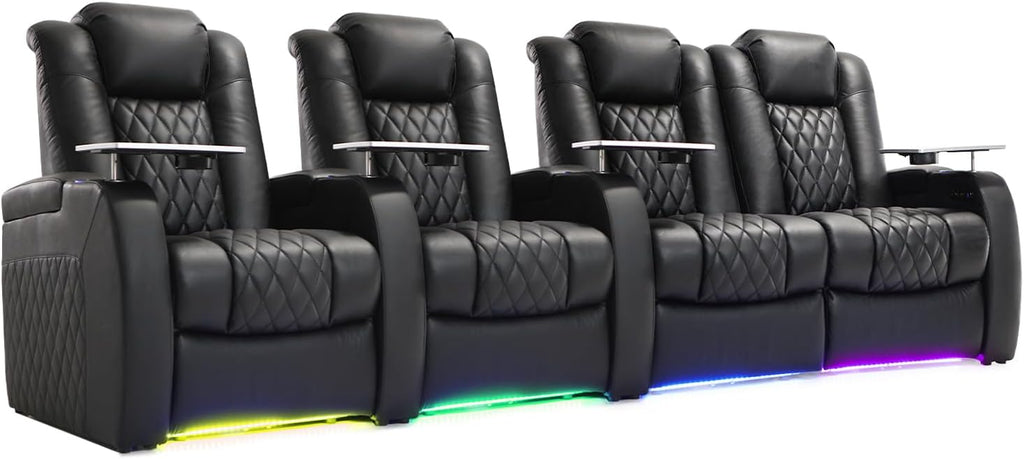 Weilianda Home Theater Seating Top Grain Leather Zero Gravity Recliner Chair Power Headrest Recline Movie Seat Gaming 7 Colors Mood Light Sofa with Tray Table USB Charge Row of 4 Loveseat Right Black