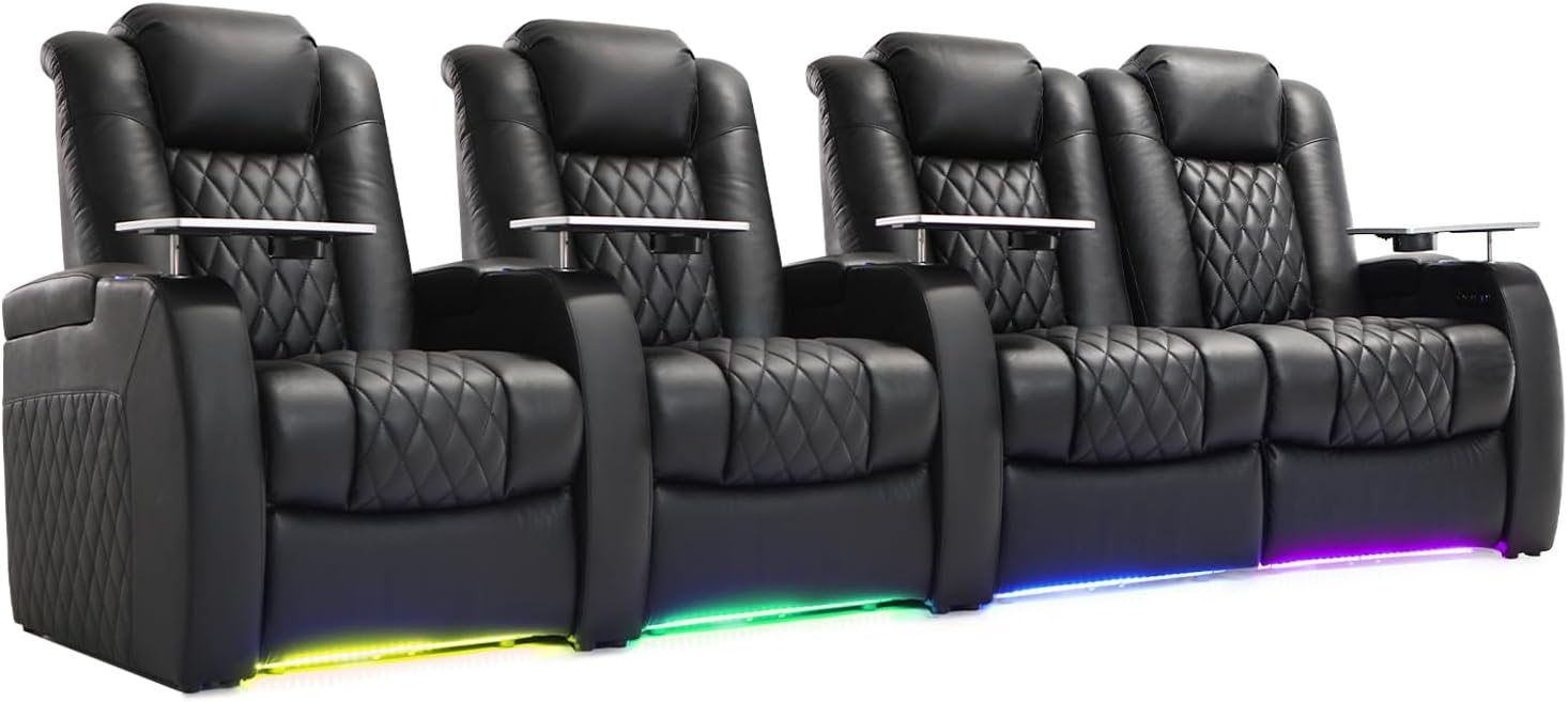 Weilianda Home Theater Seating Top Grain Leather Zero Gravity Recliner Chair Power Headrest Recline Movie Seat Gaming 7 Colors Mood Light Sofa with Tray Table USB Charge Row of 4 Loveseat Right Black