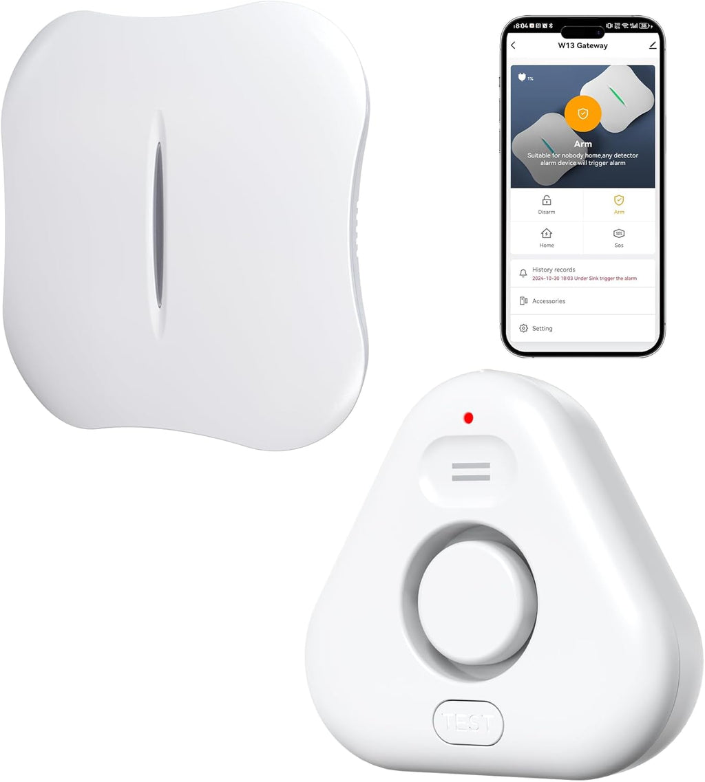 Smart Water Leak Detectors for Home WiFi with App Alerts, Stechro Ajustable 120dB Water Sensor Alarm Leak Detector for Basements Sink Kitchen Laundry, 1 Water Sensor & 1 Rechargeable Gateway