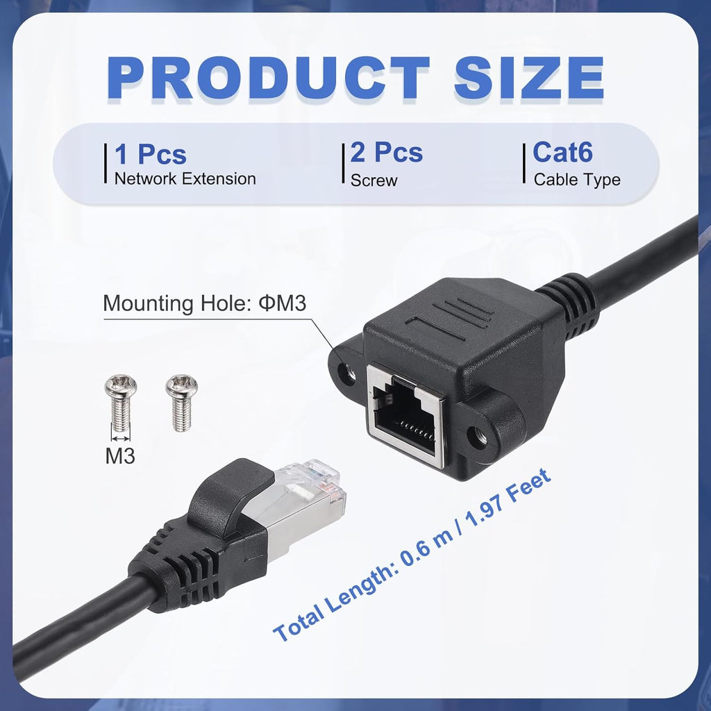 MECCANIXITY Cat6 Ethernet Extension Cable, 2Ft RJ45 Male to Female Screw Panel Mount Ethernet Cable Extender with 2pcs Screw for Router Modem PC Laptop Smart TV Printer