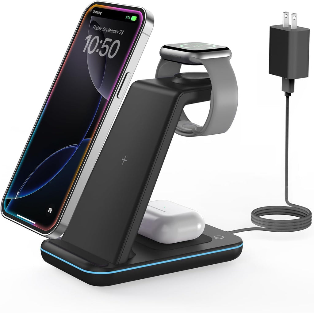 Wireless Charger for iPhone Charging Station: 3 in 1 Phone Charger Stand for iPhone 17/16/15/14/13/12/11/SE/X Pro Max Plus - Apple Watch 11/10/9/Ultra 2/8/SE/7/6/5 - AirPods 4/Pro 2/3