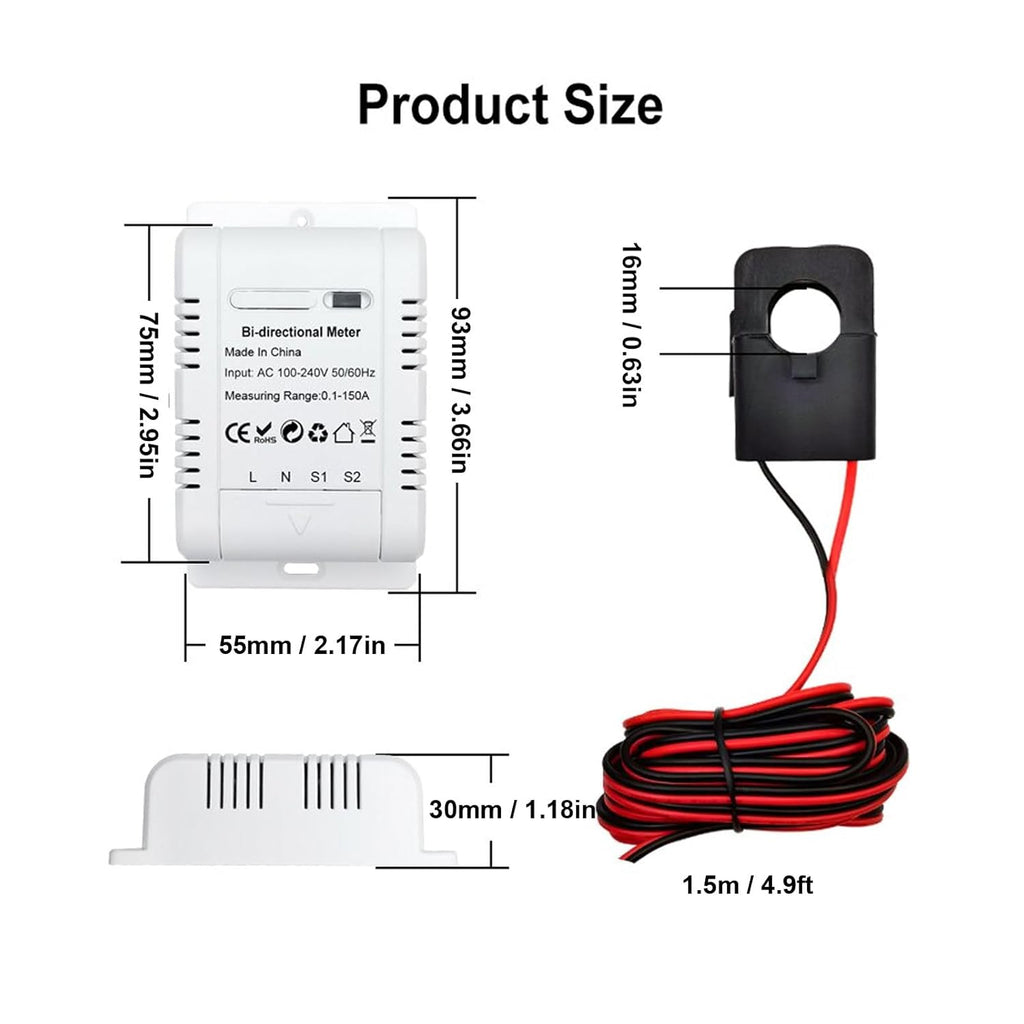 Smart Energy Meter Bidirectional Solar PV Electricity Consumption Monitor Real Time Monitoring KWh Meter for Home Solar System and Grid Usage ABS Material 93x55x30mm