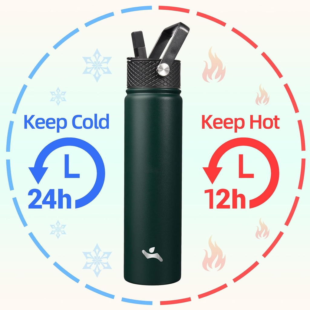 Insulated Water Bottle 24oz Stainless Steel Sport Bottles with 3 Lids,Army Green