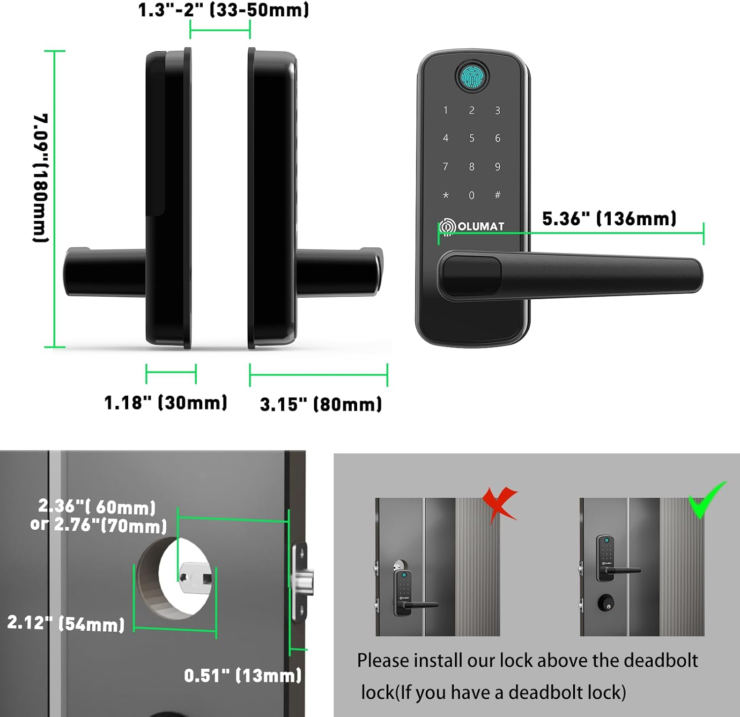Smart Door Lock, OLUMAT Keyless Entry Door Lock Fingerprint Door Lock with Keypad Digital Lock with Handle for Home, Rental, Garage, Office and Hotel