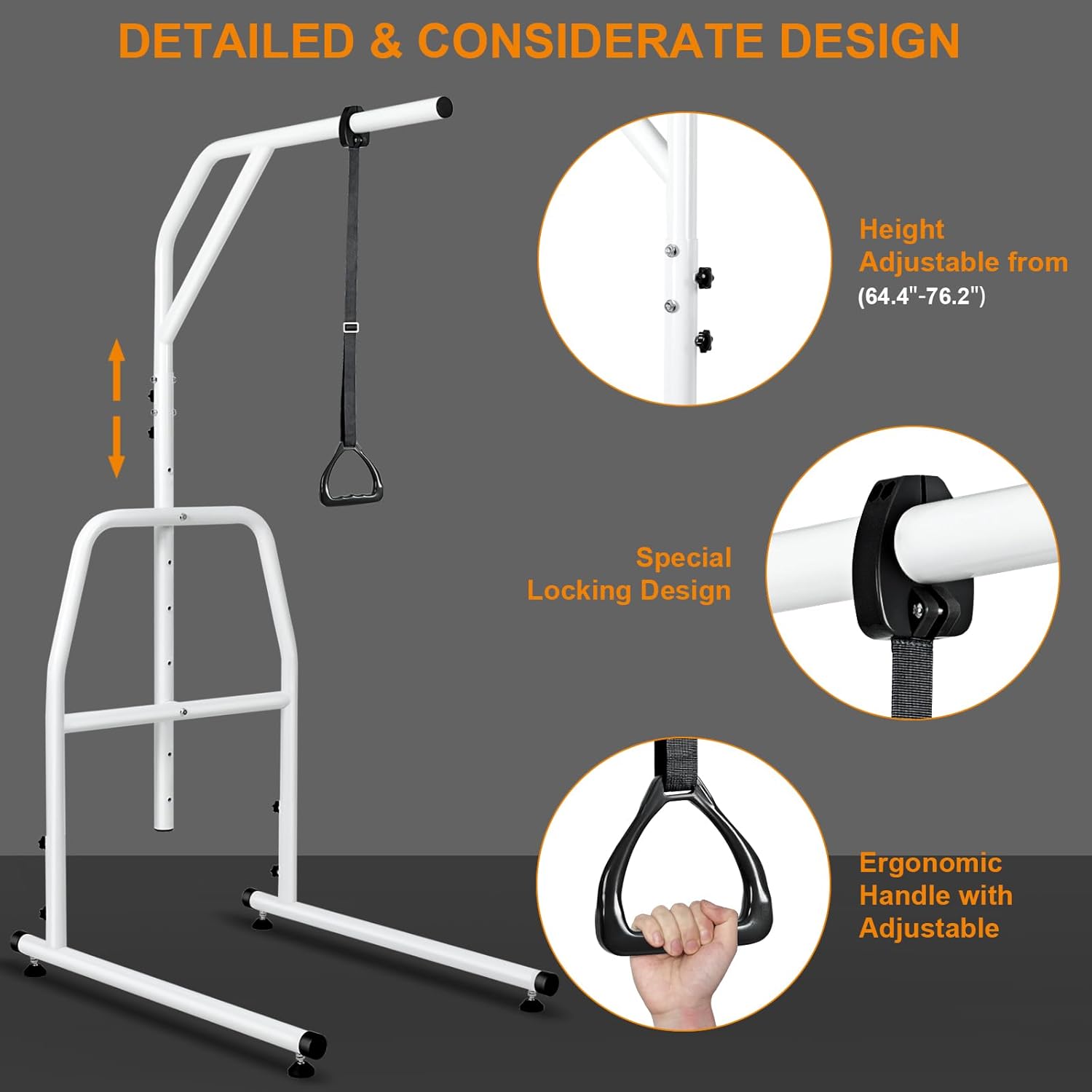 Trapeze Bar for Bed Mobility, Heavy Duty Pull Up Assist Bar with Floor Stand, 5Ft-7Ft Height Adjustable Trapeze Bar, Medical Patient Mover for Care Facilities, White