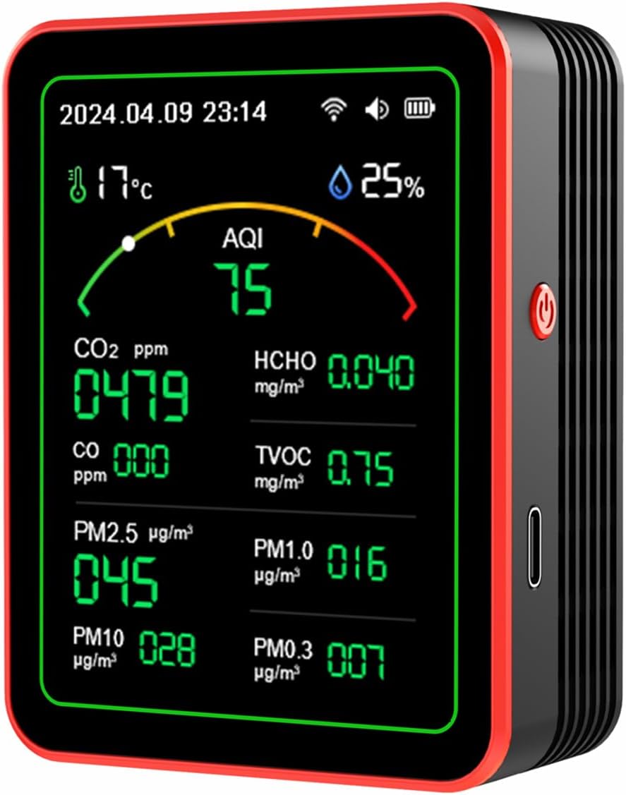 15-in-1 Air Quality Monitor Smart Air Quality Tester with CO2/HCHO/TVOC/AQI/PM0.3/PM1.0/PM2.5/PM10/Temperature/Humidity/Time/Alarm Clock/Timer/Countdown Timer Mobile APP WiFi for Home & Office