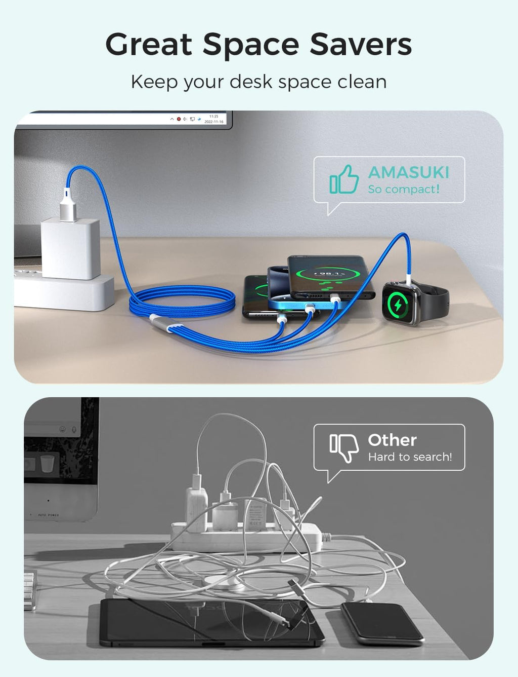 Travel Essentials,4 in 1 for Apple Watch Charger/iPhone Charger/Multi Charging Cable,Vacation RV Camping Essentials,USB C/L/Micro Portable Charger for iWatch 11-1/iPhone 17-12,Car&Gift-Blue