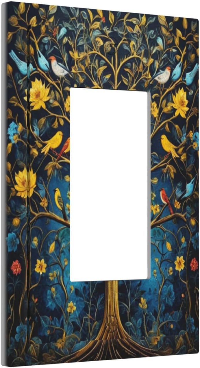 Gold Tree With Birds Flowers on Branches Single Decora Outlet Wall Plate 1 Gang Rocker Decorative Switchplate Faceplate GFCI Light Switch Covers for Home Living Decor