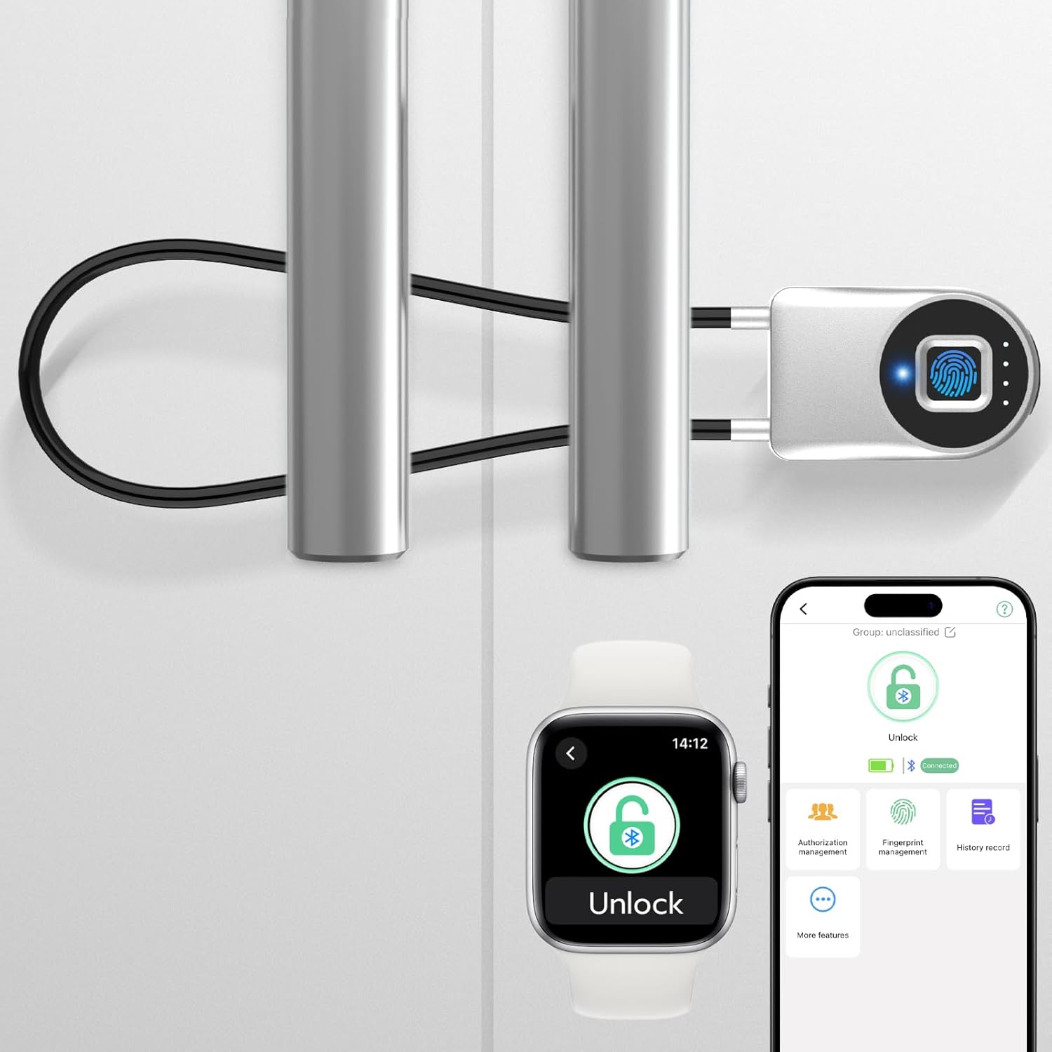 Fingerprint Cable Lock, eLinkSmart Fridge Locks with Bluetooth APP Control, Biometric Smart Padlock for Adults Baby Proof Cabinet Refrigerator French Door Cabinet Gate Locker Bike, 14.9'' Long Silver