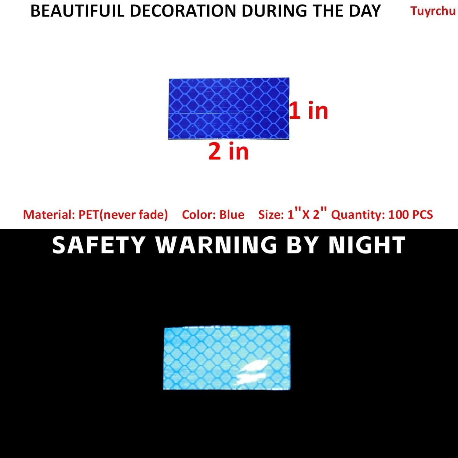 Non Fading Blue Reflective Stickers 1 inch X 2 inch, Outdoor Waterproof High Visibility Warning Safety Adhesive Reflector Tape (100 Pcs)