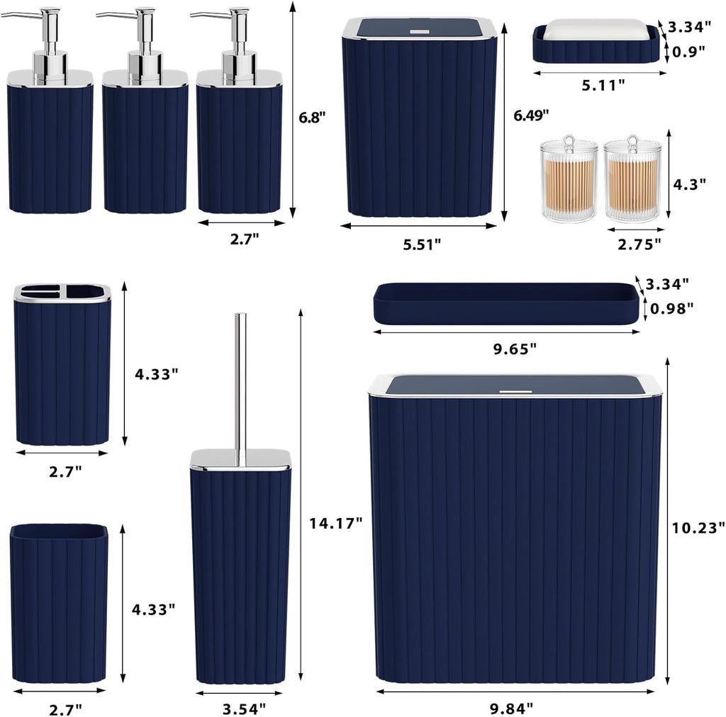 Bathroom Accessory Set - Bathroom Set, 12PC Bathroom Accessories Set, Blue Bathroom Accessories Set, Mini Trash Can, Toilet Brush, Trash Can & Soap Dispenser