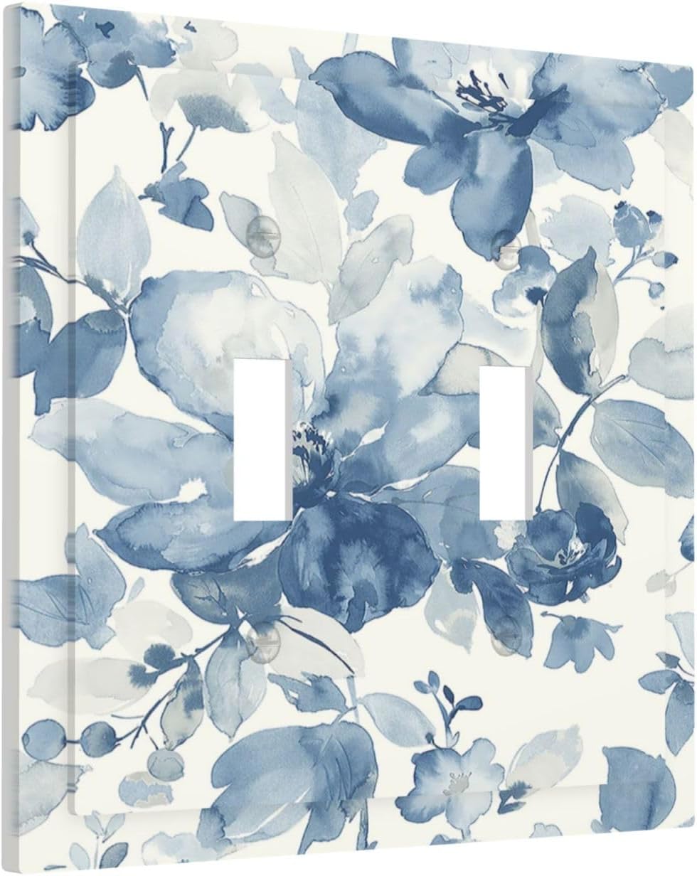 Decorative Switch Plates Blue Watercolor Floral 2 Gang Double Toggle Outlet Light Switch Cover Wall Plate Electrical Faceplate for Bedroom Bathroom Decor