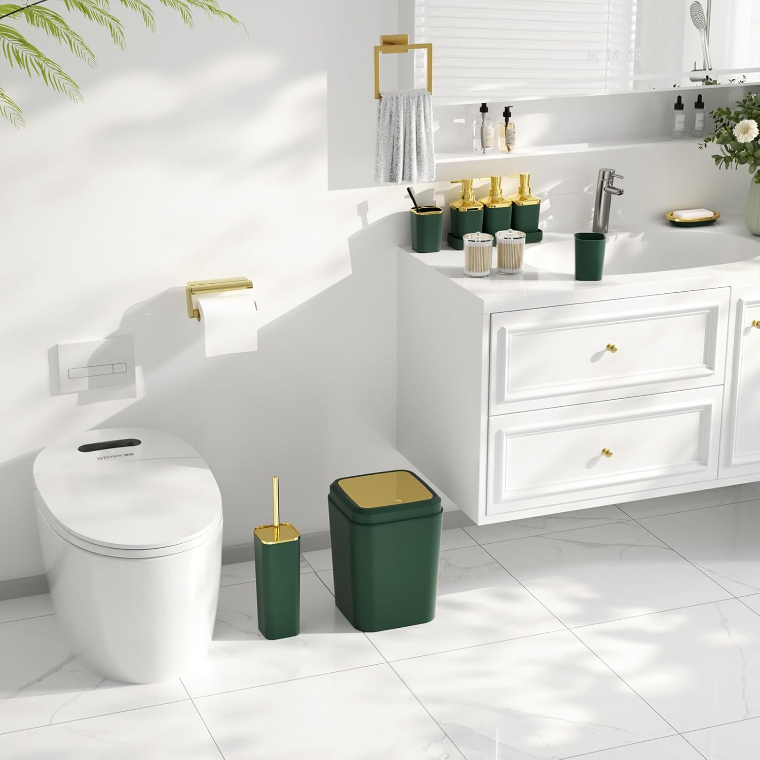 Bathroom Set - Bathroom Sets with Shower Curtain and Rugs, Bathroom Accessory Set, Dark Green Bathroom Accessories Set with Trash Can, Toilet Brush and Soap Dispensers