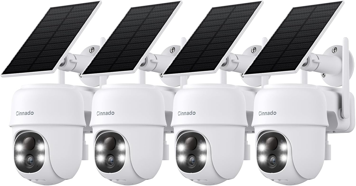 Cinnado 2K Cameras for Home Security-2.4G WiFi Outdoor Camera Wireless Solar/Battery Powered, 360° Viewing, Human Detection, Color Night Vision, Cloud/SD Storage B6 (B6-White-4pack-2.4G)
