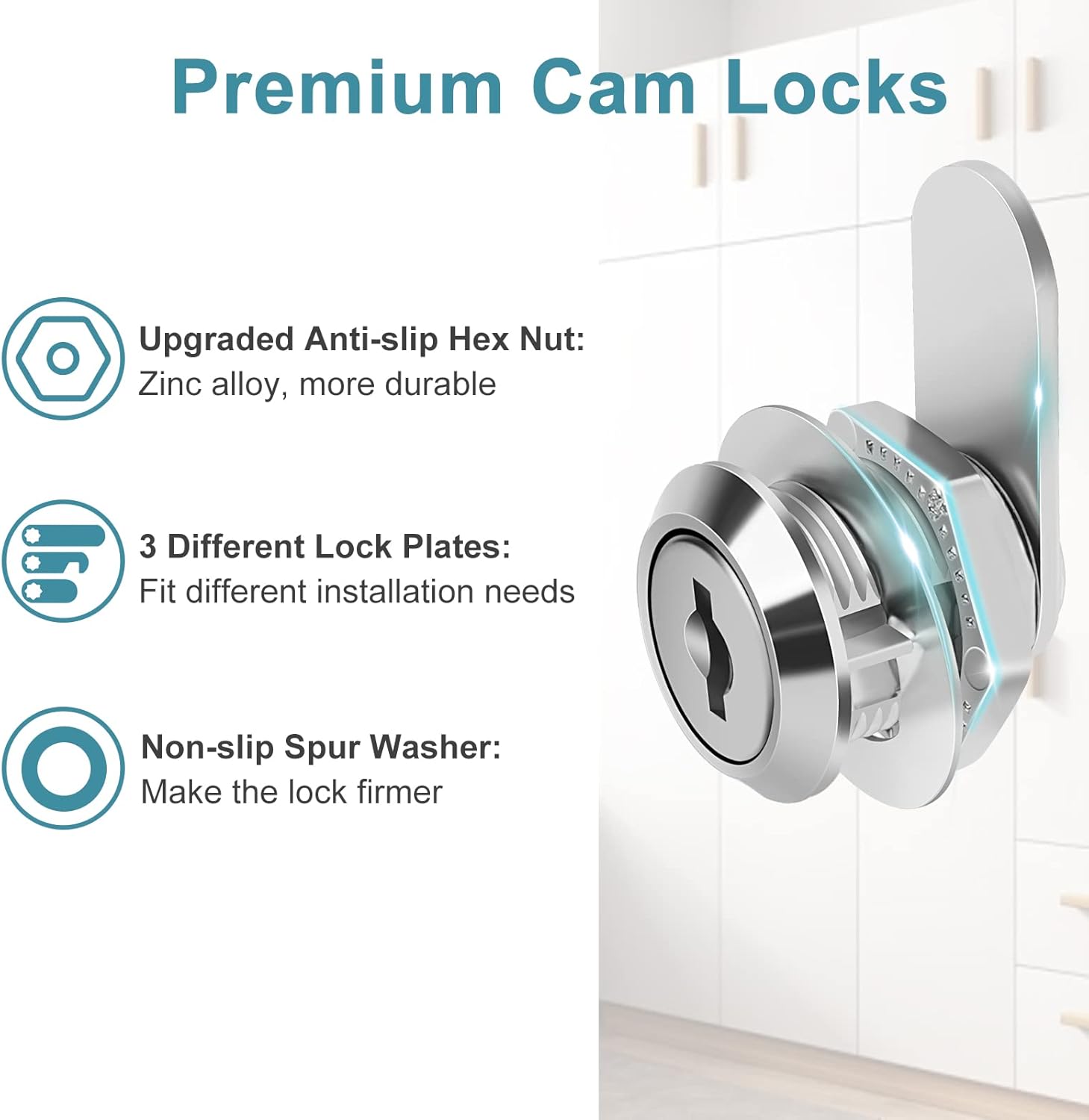 Cam Locks Cabinet Lock Keyed Alike, 5/8'' (Length) Cylinder Fits on 3/8'' Max Panel Thickness, Secure File Drawer Mailbox RV Storage Replacement Set, Chrome-Finish Zinc Alloy (5/8 Inch 6Pcs)