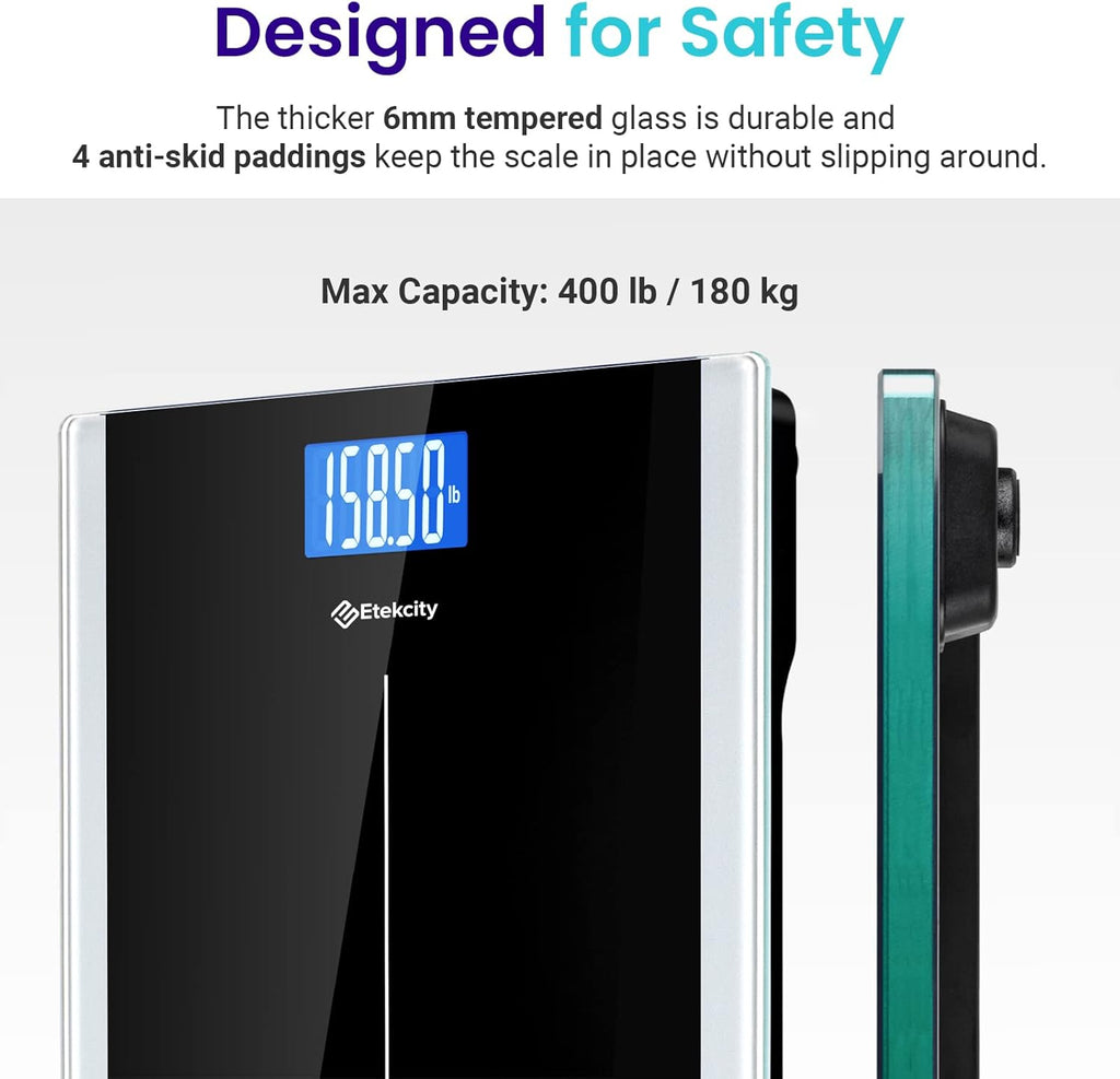Etekcity Bathroom Scale for Body Weight, Highly Accurate Digital Electronic Weighing Machine for People, LCD Display, Large Size, 6mm Tempered Glass for Safe Home Use, Batteries Included, 400 lbs