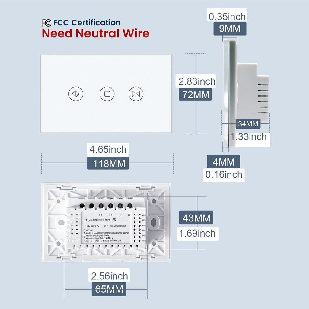 Smart Curtain Switch 118X72X34MM Neutral Wire Required, 2.4GHz WiFi,Tempered Glass Panel, Multi-Control Way Work with Alexa and Smart Life, White WiFi Curtain