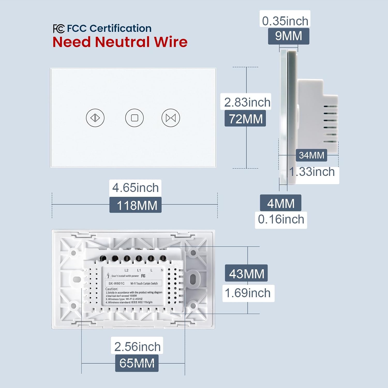 Smart Curtain Switch 118X72X34MM Neutral Wire Required, 2.4GHz WiFi,Tempered Glass Panel, Multi-Control Way Work with Alexa and Smart Life, White WiFi Curtain