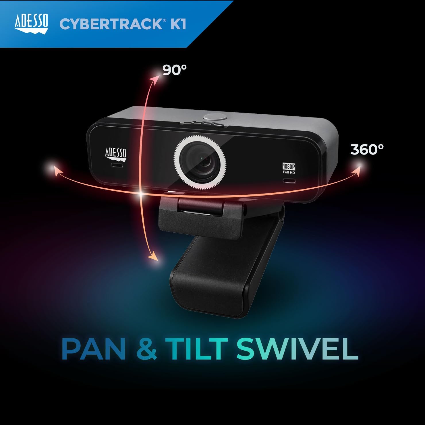 Adesso CyberTrack K1 1080P Full HD Fixed Focus USB Webcam with Adjustable View Angle Built-in Dual Microphones, Privacy Shutter, Audio/Video Mode Privacy ON/Off Switch & Tripod Mount
