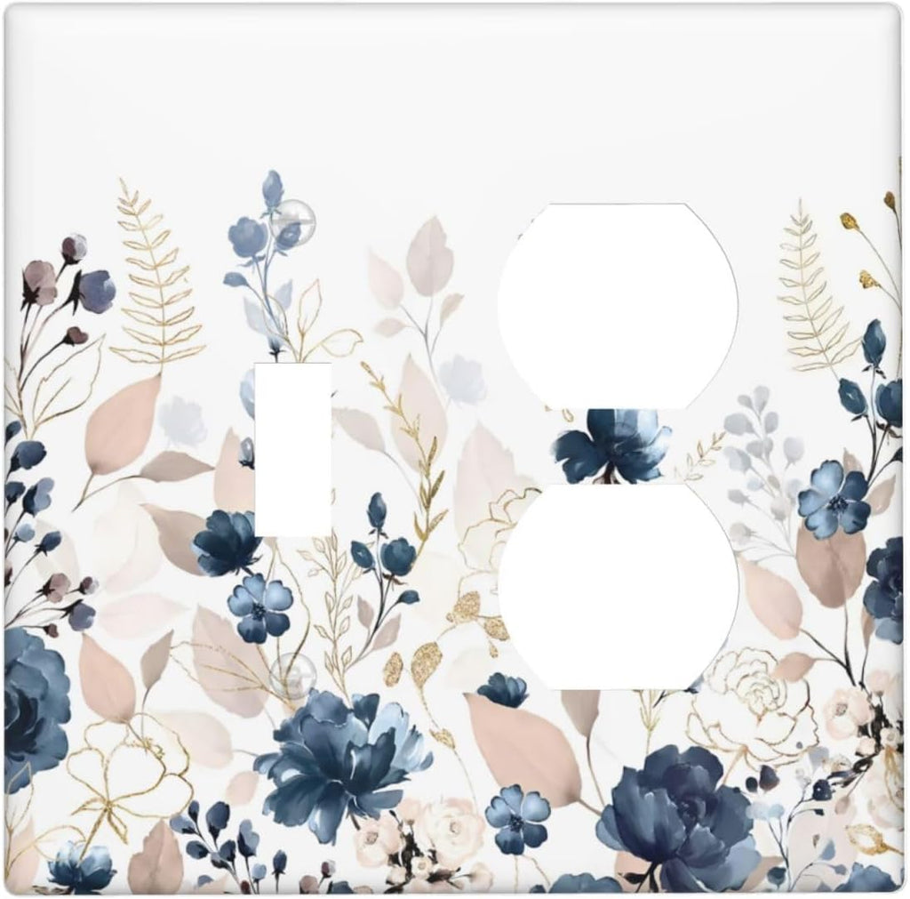 Blue Flora Boho Vintage Flower Golden Leaves Wallplates 1 Toggle 1 Duplex Switch Plate Electrical GFCI Faceplate Decorative Light Switch Covers for Bedroom Living Room Decor