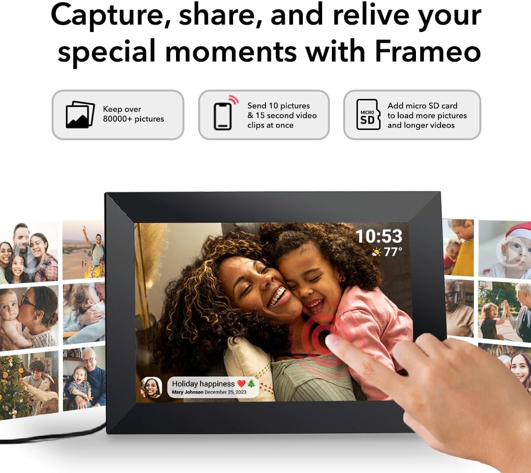 Frameo 10.1 Inch WiFi Digital Picture Frame with 32GB Storage,1280 * 800P IPS HD Touch Screen,Send Photos/Videos from Your Phone Anywhere, Photo Gifts for Parents and Grandparents