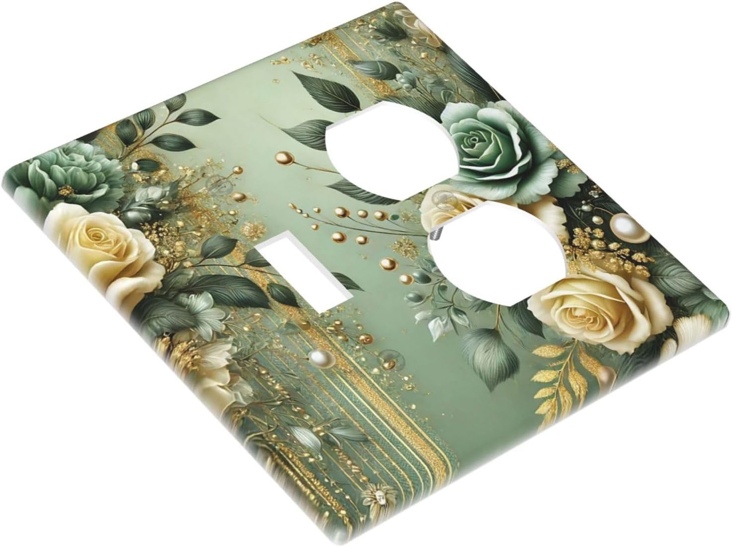 Decorative Outlet Covers Rustic Green Floral Leaves Teal Flowers Gold Stripe 2 Gang Wall Plate Cover Single Toggle Duplex Combo Two Switch Light Switch Cover Plate Faceplate
