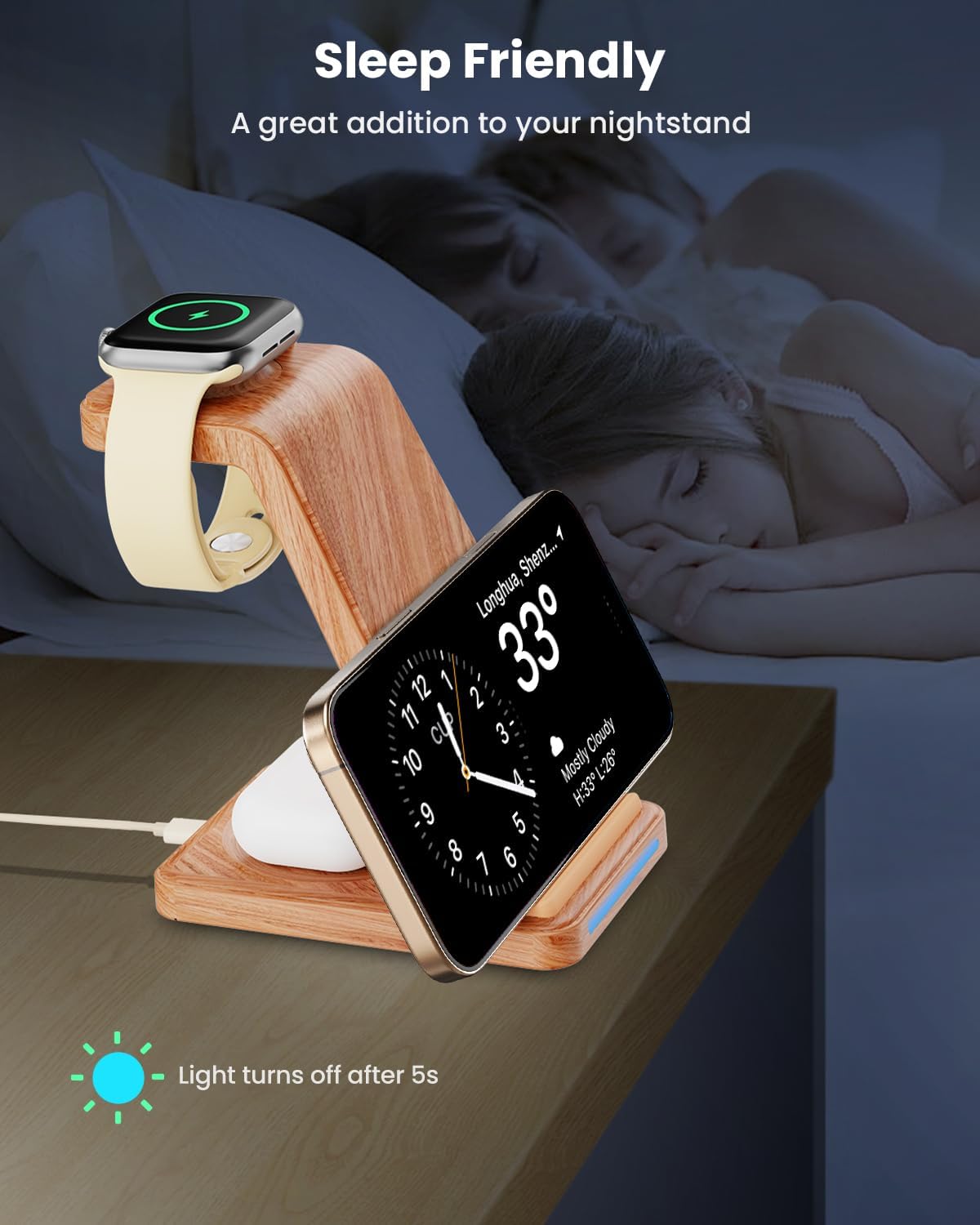 Wireless Charging Station, 3 in 1 Wireless Charger Stand for Multiple Apple Devices, Charging Dock for iPhone 16 15 14 13 12 11 Pro Max XS 8, Apple Watch 8 7 6 SE 5 4 3 2, 3/2/Pro, Wood