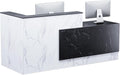 R-Shaped Modern Reception Desk with Counter & Storage - 71"/84" Large Office Front Desk, Salon Checkout Counter with Lockable Cabinets, Shelves & Drawers (Black & White, Right - 71''L x 34''W x 41''H)