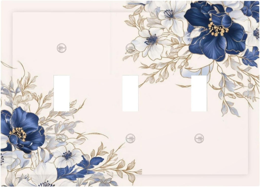 Decorative Light Switch Cover Plate Rustic Blue Beige Flower Peony Floral 3 Gang Wall Plates for Electrical Outlets Triple Toggle Switch Plate Covers Outlet Covers Faceplate for Bedroom Decor