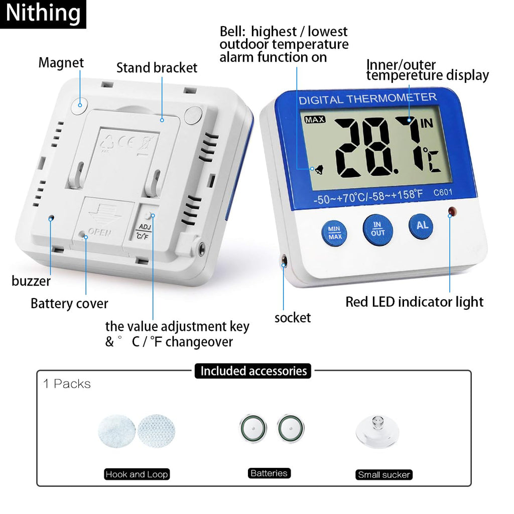 Nithing Fridge Freezer Thermometer Max/Min Memory High & Low Temperature Alarms Settings with LED Indicator Digital Refrigeration Thermometer with Magnetic,Stander