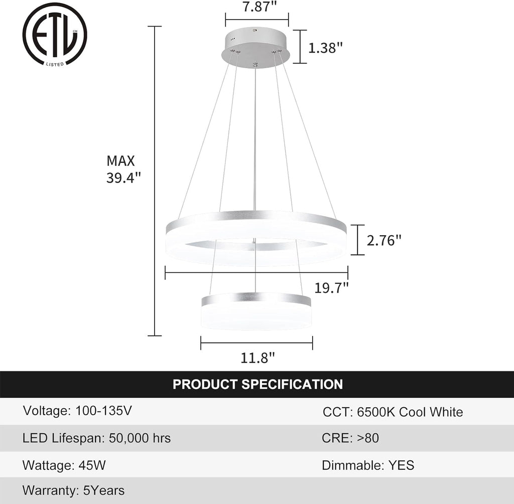Buccleuch 2-Ring Modern LED Chandelier - Dimmable Silver Round Pendant Light, Height Adjustable ETL-Certified Ceiling Light for Dining Room, Kitchen Island, Living Room, Bedroom, Foyer