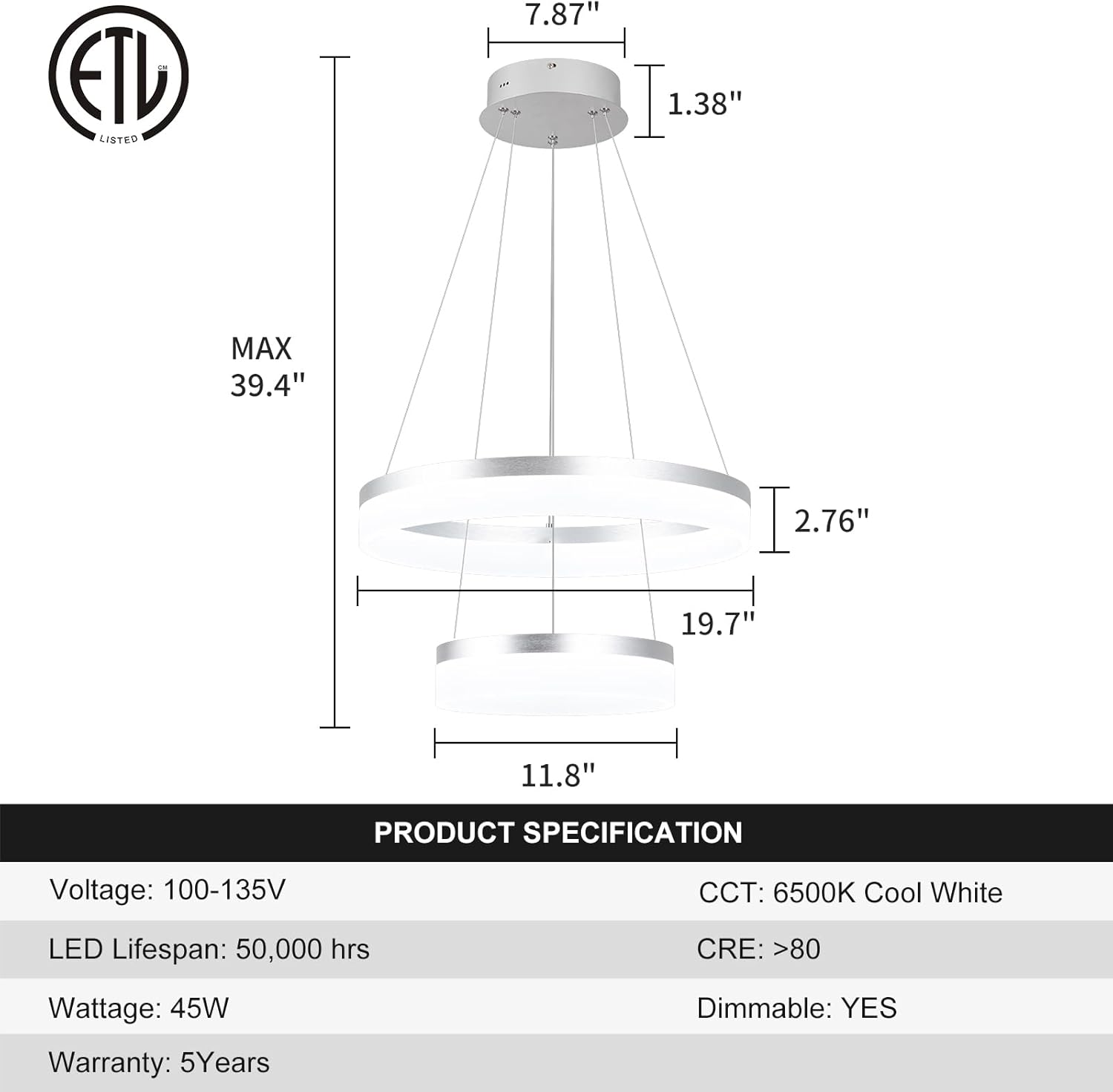Buccleuch 2-Ring Modern LED Chandelier - Dimmable Silver Round Pendant Light, Height Adjustable ETL-Certified Ceiling Light for Dining Room, Kitchen Island, Living Room, Bedroom, Foyer