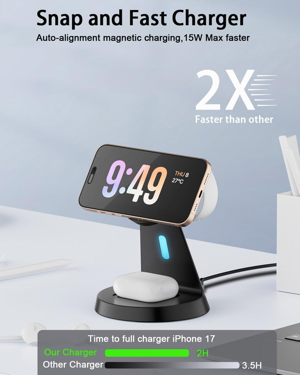 3 in 1 Wireless Charging Station for Apple Magsafe Charger Stand,Fast Magnetic Wireless Charger Station for iPhone 17 Air 16 15 14 13 12 Series,Apple Watch,Airpods