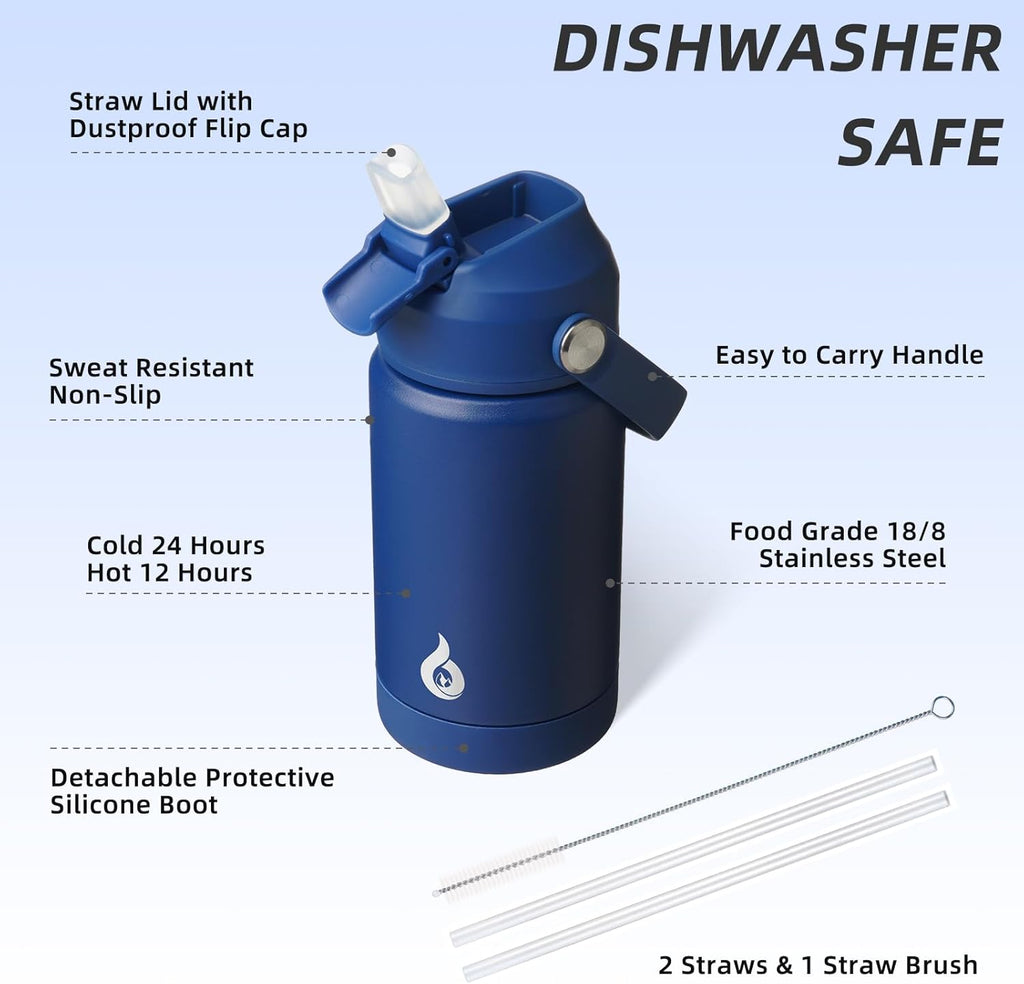 BJPKPK Insulated Water Bottle with Straw Lid, 12oz Thermo Water Bottles, Flex Handle & Non-slip Boot, BPA Free Leak Proof Stainless Steel Metal Thermo, Tumblers, Cups,Klein Blue