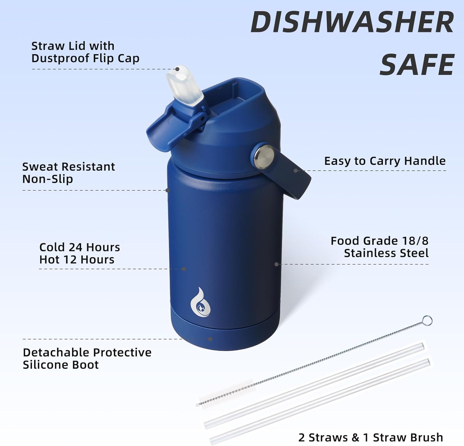 BJPKPK Insulated Water Bottle with Straw Lid, 12oz Thermo Water Bottles, Flex Handle & Non-slip Boot, BPA Free Leak Proof Stainless Steel Metal Thermo, Tumblers, Cups,Klein Blue