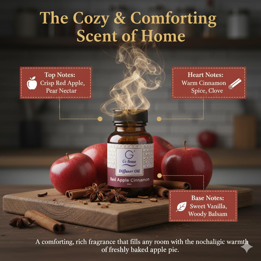 G’s Breeze Smart Diffuser with Refill – Bluetooth & Wi-Fi App Control, Gradient LED Lighting, Adjustable Scent Intensity, 24 Hour, Aromatherapy Diffuser for Home & Office - Red Apple Cinnamon