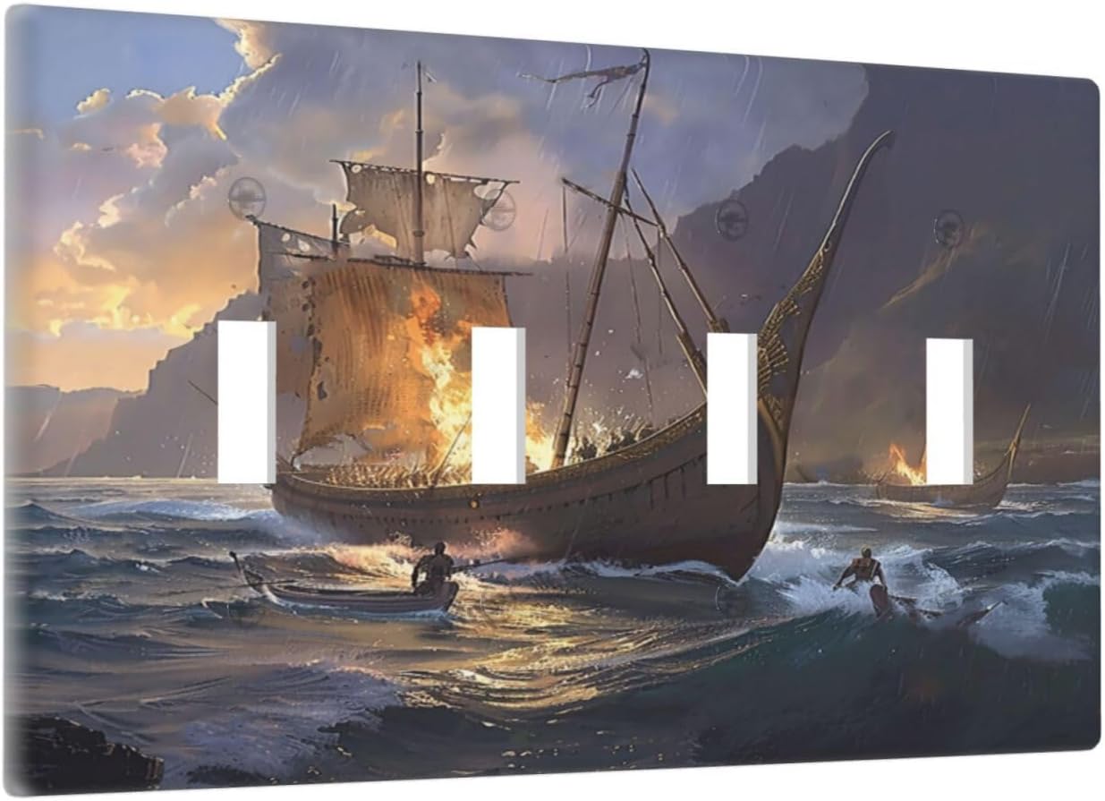 Light Switch Cover Plate Medieval Vintage Sailing Adventure Sailings Ocean Waves 4 Gang Quad Toggle Wall Plate Electrical Outlet Cover Decorative Switch Plate Covers for Bedroom Cabin Decor