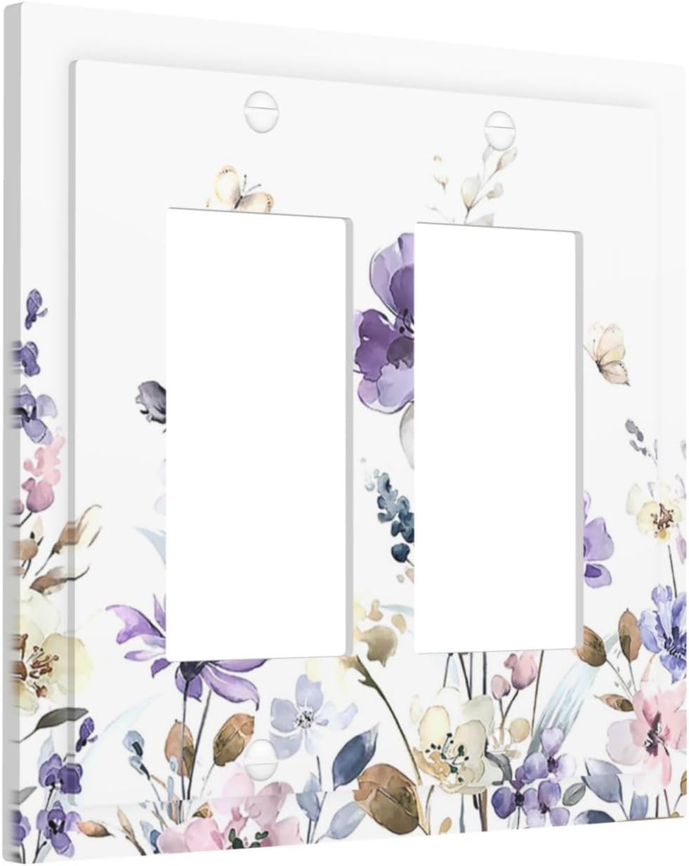 Decorative Outlet Covers Purple Floral Lilac Watercolor Flower Leaves Butterfly Wildflower 2 Gang Double GFCI Rocker Electrical Wall Panels Light Switch Cover Plate for Bedroom Home Decor