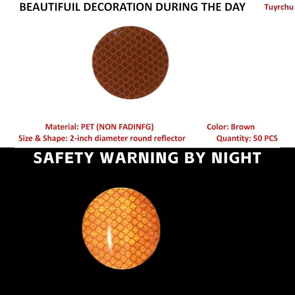 Non Fading Brown Reflective Stickers 2-inch Diameter Round Reflector, Outdoor Waterproof High Visibility Warning Adhesive Tape (50 Pcs)