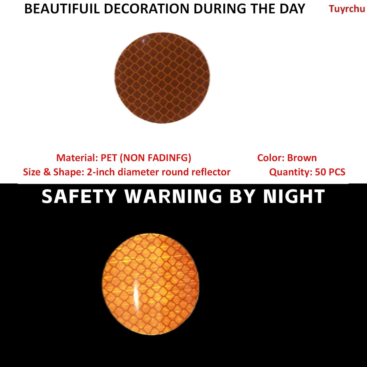 Non Fading Brown Reflective Stickers 2-inch Diameter Round Reflector, Outdoor Waterproof High Visibility Warning Adhesive Tape (50 Pcs)