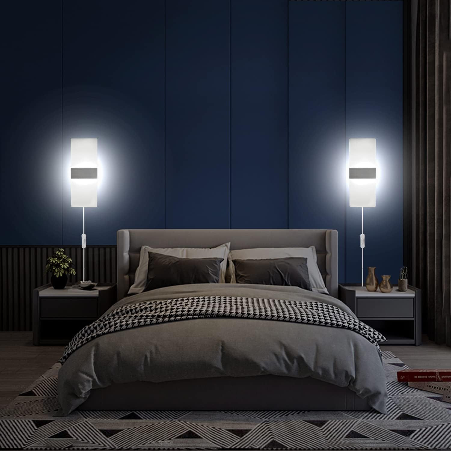 KICAAO Wall Sconces Set of Two, Modern Wall Sconce Plug in 10W 6000K Cool White Acrylic Wall Lights with 6FT/180cm Plug in Cord and On/Off Switch on The Cord