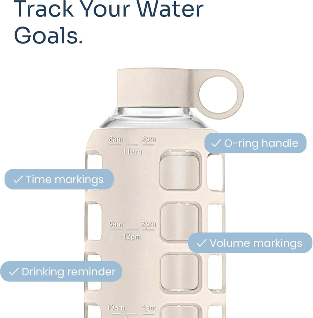 purifyou 40oz / 32oz / 22oz / 12oz Borosilicate Glass Water Bottle with Time & Volume Markers, Silicone Sleeve, Stainless Steel Lid | Reusable Glass Bottle for Water & Juice (22oz Pearled Ivory)