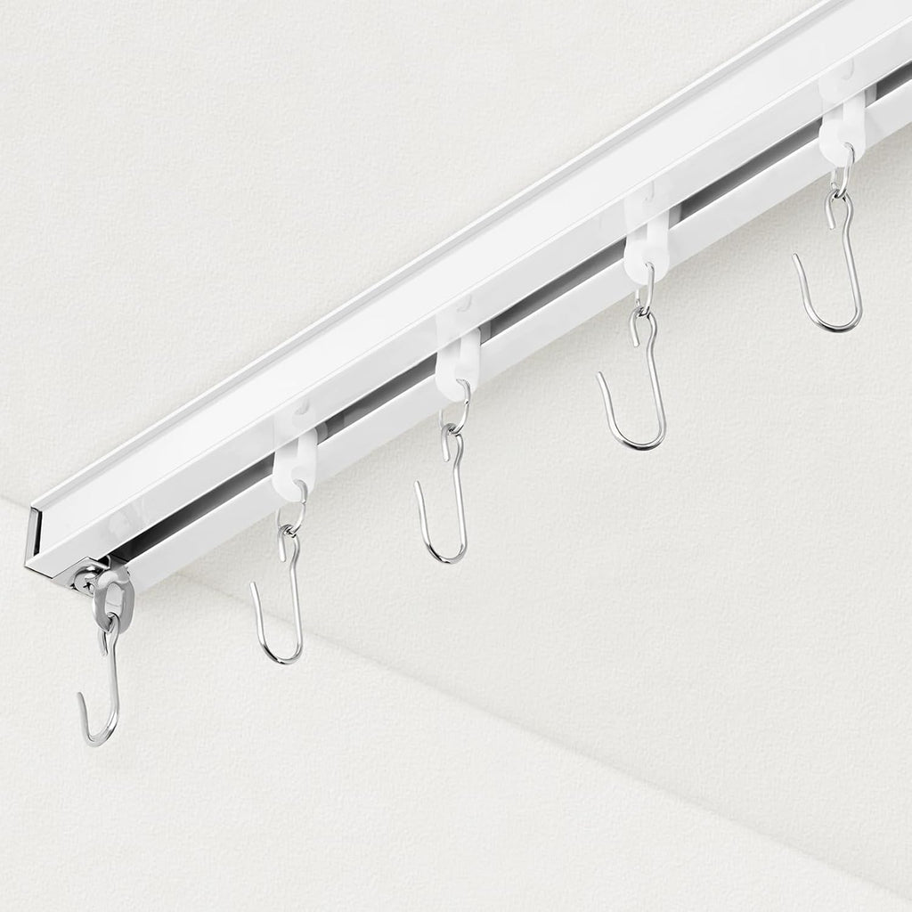 Curtain Track, Ceiling Curtain Track for Room Divider, Ceiling Mount Rail Set with Roller Hooks, White, 9ft - 12ft