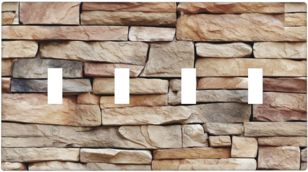 Light Switch Covers Stone Textured Brown Brick Natural Stone Quad Toggle Electrical Faceplate 4 Gang Wall Plate Decorative Switch Plates For Farmhouse Cabin Decor